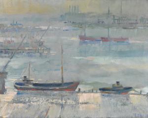 201 - "Buffalo Harbor / Ore Boats" (1954) - 22"x28"